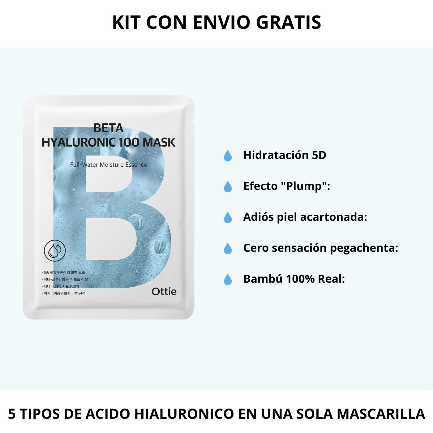Mascarilla Coreana con 5 tipos Acido Hialurónico - kit por 6 unidades