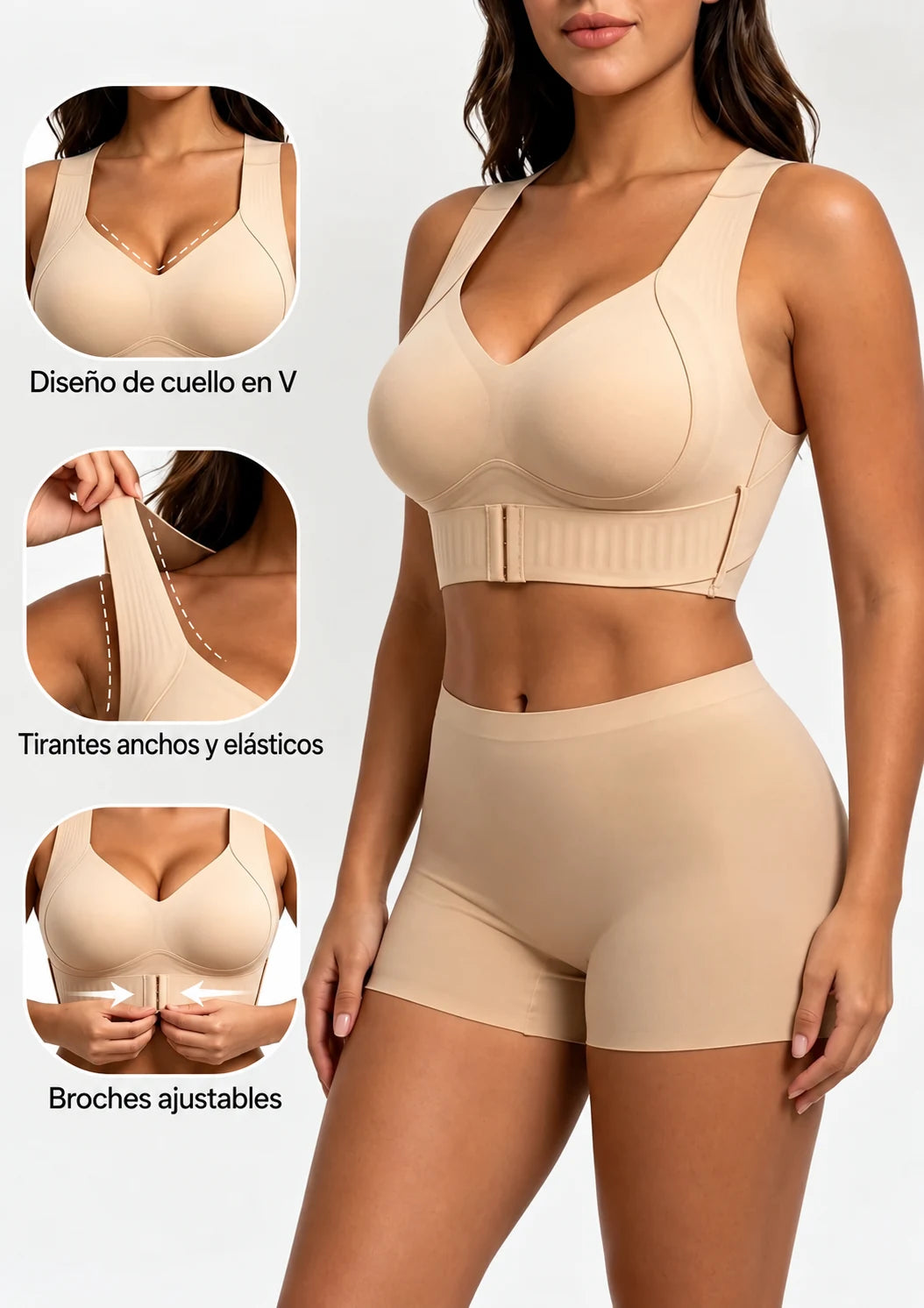 Cuello en V, tirantes anchos y broches ajustables