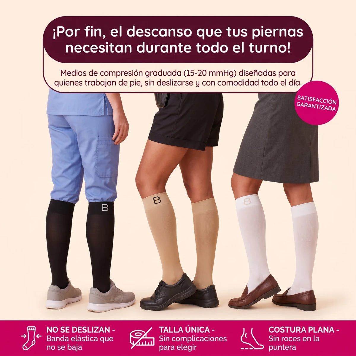 Medias de compresion Legera Turno en negro, beige y blanco, puestas