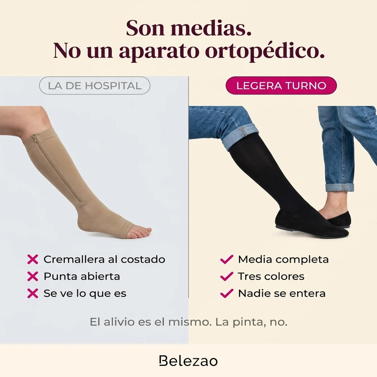 La media de compresion de hospital con cremallera frente a Legera Turno negra con jean